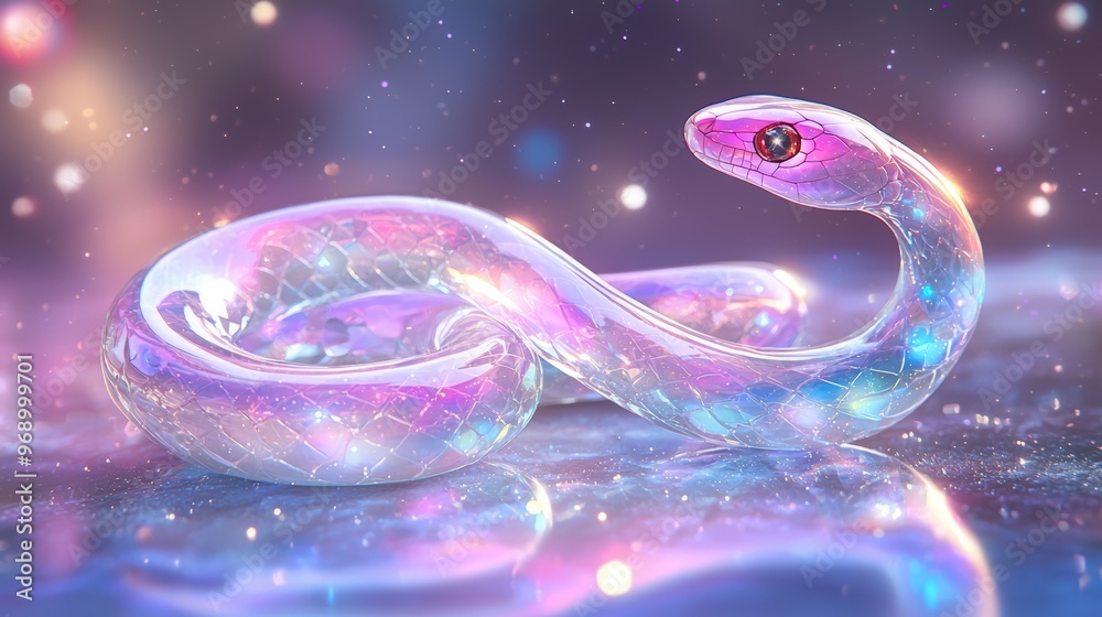A mesmerizing snake with a shimmering, iridescent body, set against a dreamy, magical background of soft colors and sparkles.