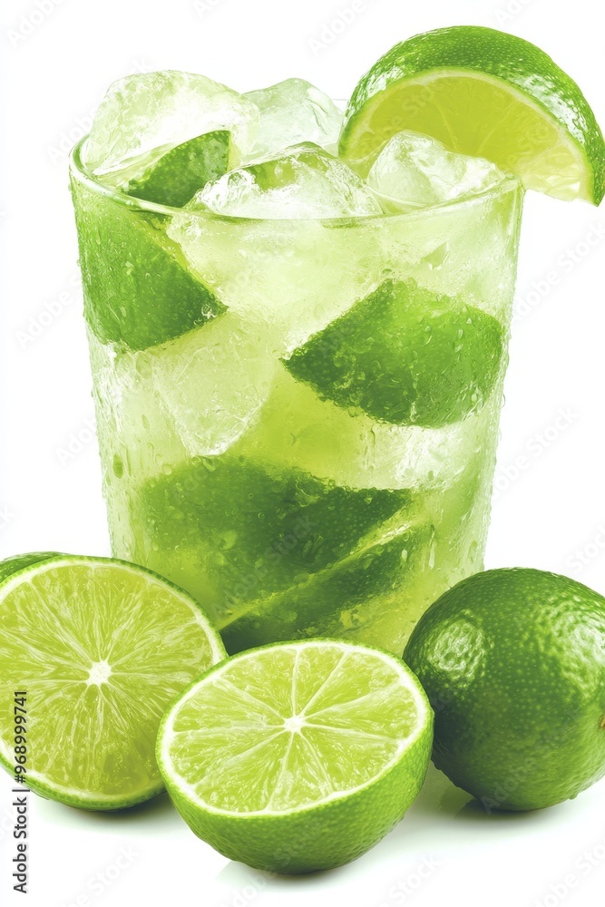 Refreshing Cold Beverage with Lime Wedges and Ice Cubes on White Background, Close Up Refreshing Cold Beverage with Lime Wedges and Ice Cubes on White Background, Close Up
