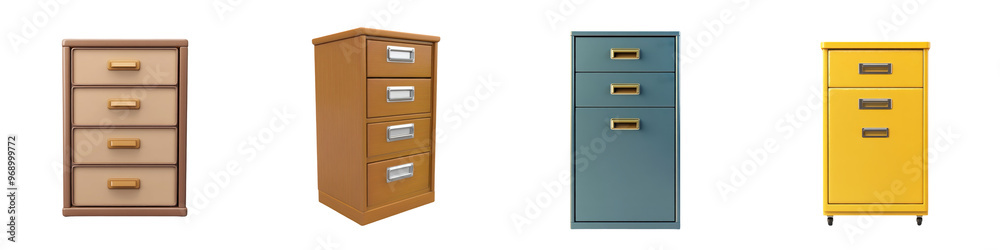 Set of four colorful, stylized filing cabinets with three and four drawers each, lined up against a white background. Set of four colorful, stylized filing cabinets with three and four drawers each, lined up against a white background.