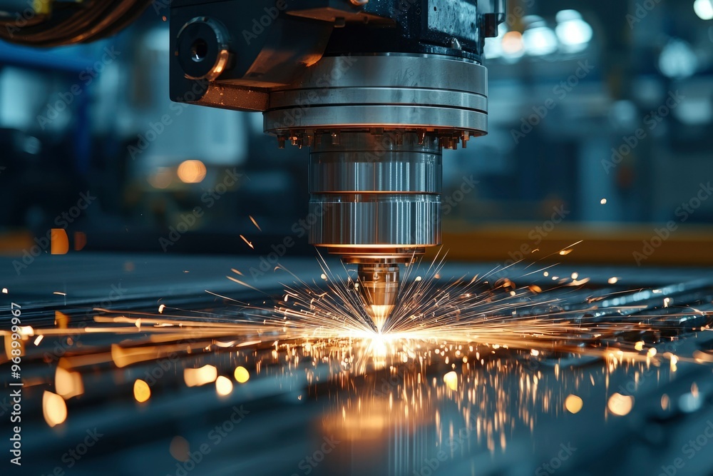 Close-up of Industrial Laser Cutter with Sparks Close-up of Industrial Laser Cutter with Sparks