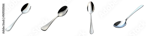 Set of four shiny metal spoons arranged in different angles on a white background. Perfect for culinary and kitchen-themed stock photos. photo