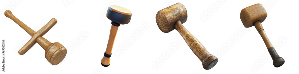 Set of four wooden mallets of different designs on a white background, showcasing tool variety and craftsmanship in woodworking. Set of four wooden mallets of different designs on a white background, showcasing tool variety and craftsmanship in woodworking.