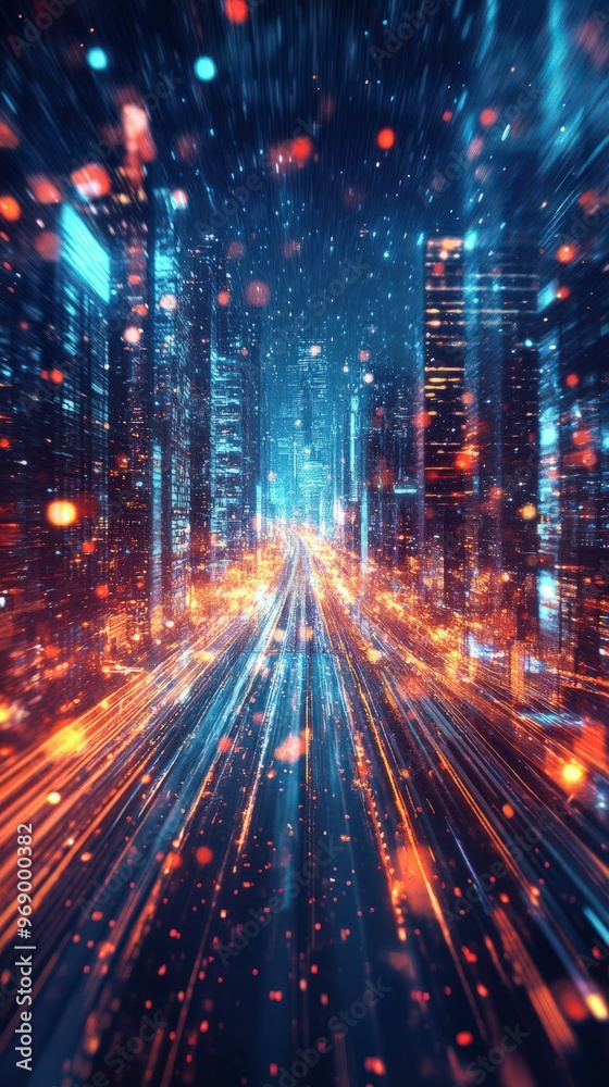 Fototapeta premium Abstract vibrant city skyline with dynamic lights and energy