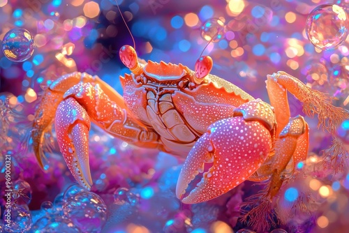 Close up of colorful rock crab in ocean with vibrant underwater lighting