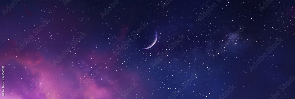 A deep blue and purple night sky sprinkled with stars, with a crescent moon casting a gentle glow.