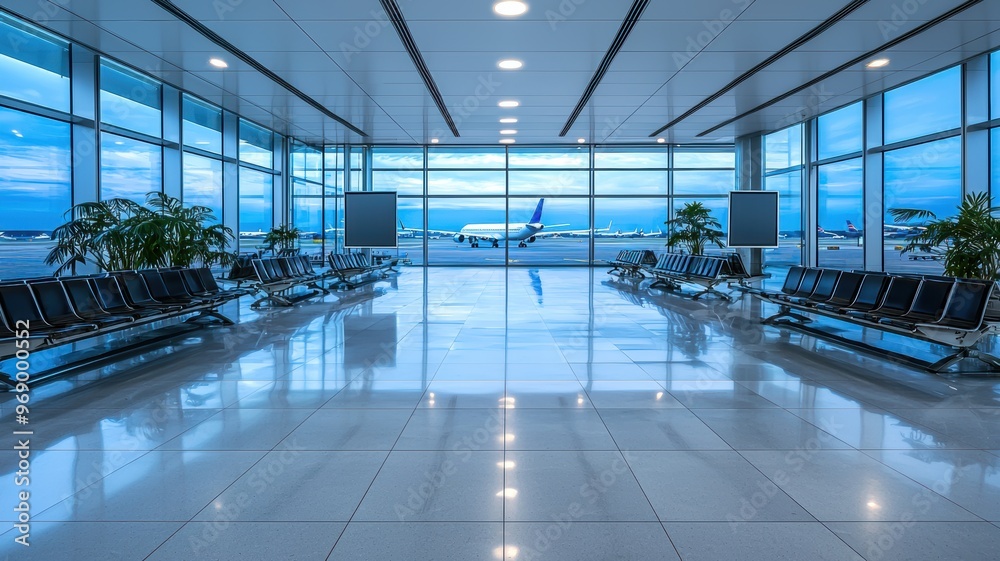 Modern airport terminal with spacious seating and large windows showcasing planes and an expansive view of the sky.
