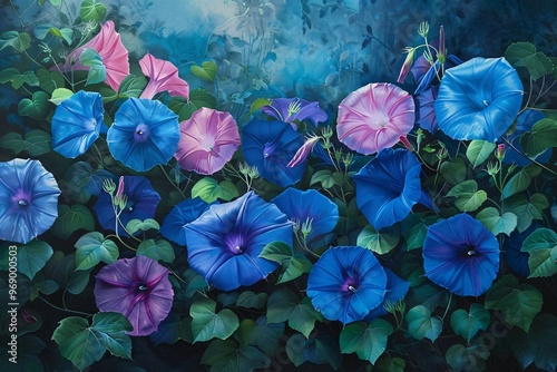 Blue and Pink Morning Glory Flowers. photo