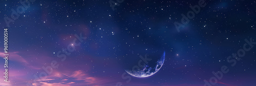 A deep blue and purple night sky sprinkled with stars, with a crescent moon casting a gentle glow.