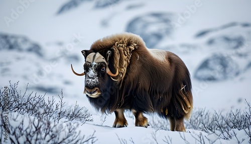 Musk Ox Wandering Through Snowy Landscapes of Norway in Winter photo