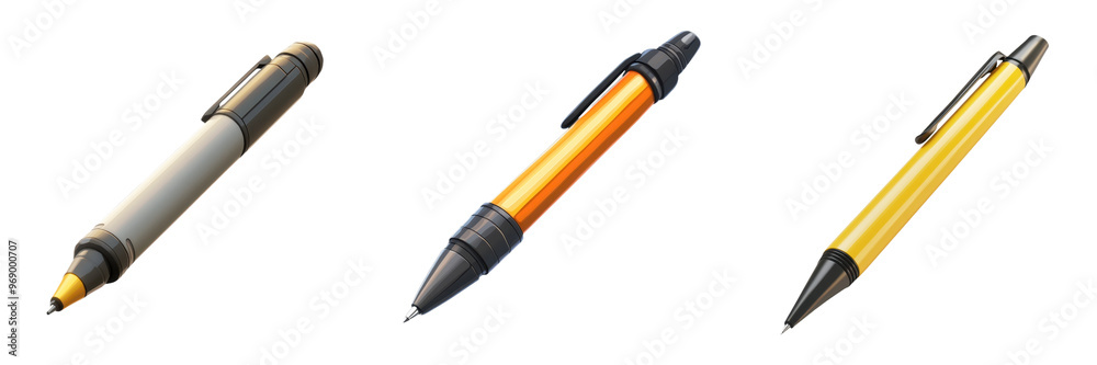 Set of three multicolored ballpoint pens on a white background, ideal for office and school supplies, stationery, and writing tools. Set of three multicolored ballpoint pens on a white background, ideal for office and school supplies, stationery, and writing tools.