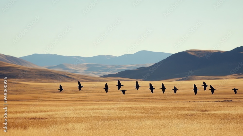 Obraz premium A Flock of Birds Flying Over a Grassy Field with Mountains in the Distance