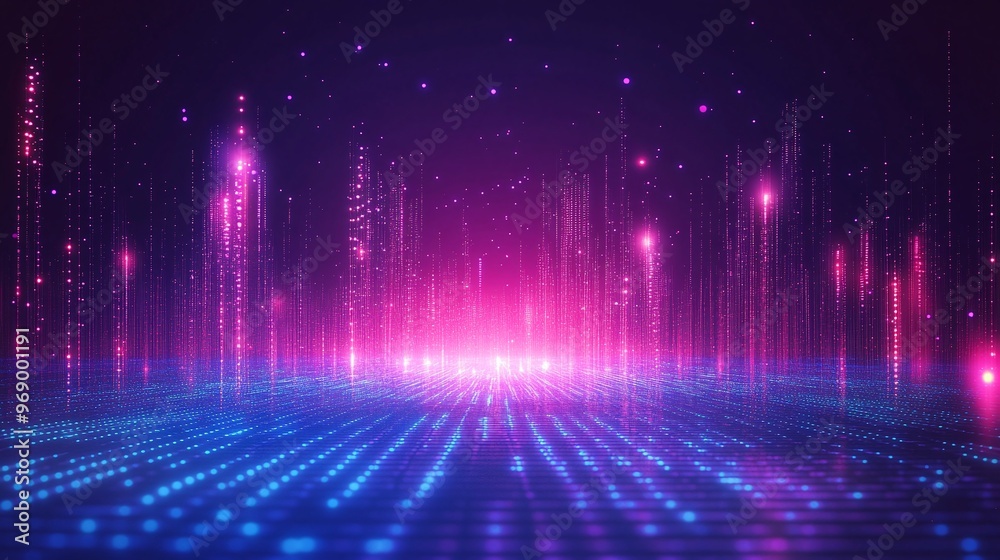A vibrant digital landscape featuring colorful lights in hues of pink and blue, creating a mesmerizing abstract background.
