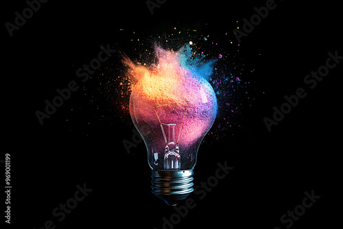 Creative concept light bulb explodes with colorful colors on a light blue background. Think different, creative idea. Productivity and creativity