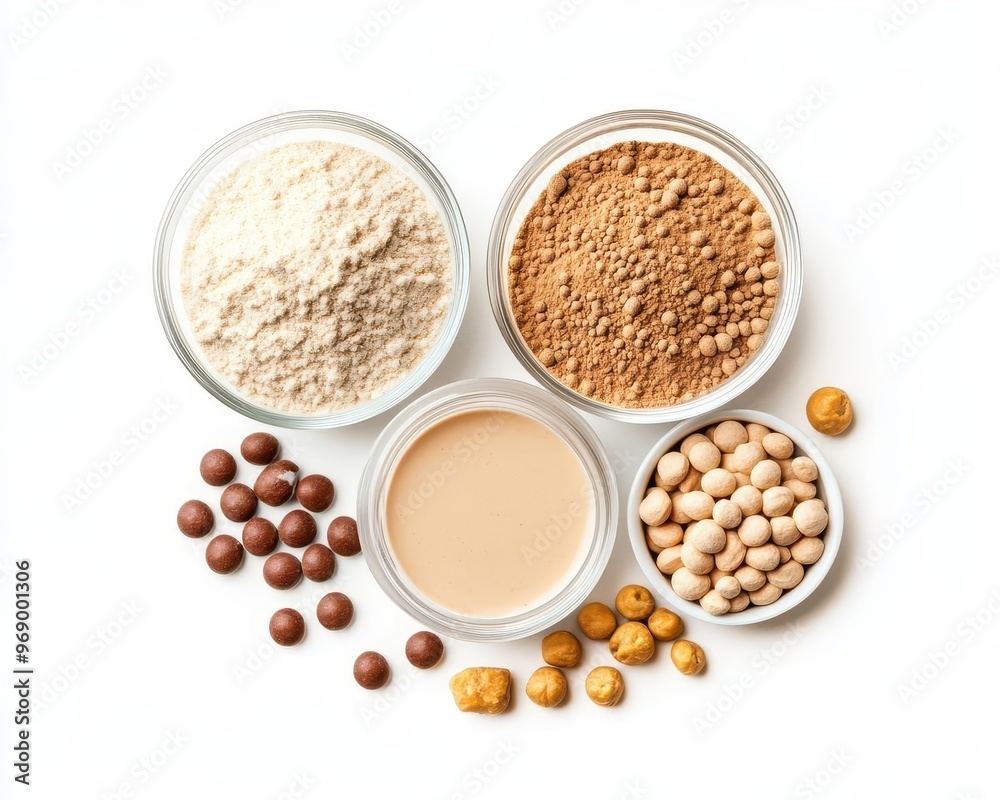A variety of nutritious powders and seeds displayed in glass bowls, perfect for healthy cooking and dietary needs with isolated on white background A variety of nutritious powders and seeds displayed in glass bowls, perfect for healthy cooking and dietary needs with isolated on white background