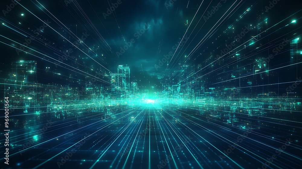 A vibrant digital landscape featuring glowing lines and particles, representing data flow and technology advancement. A vibrant digital landscape featuring glowing lines and particles, representing data flow and technology advancement.