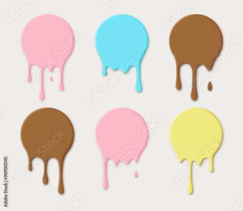 Round icons of flowing drip paint, milk yogurt or chocolate flowing down isolated on light background. Vector illustration.