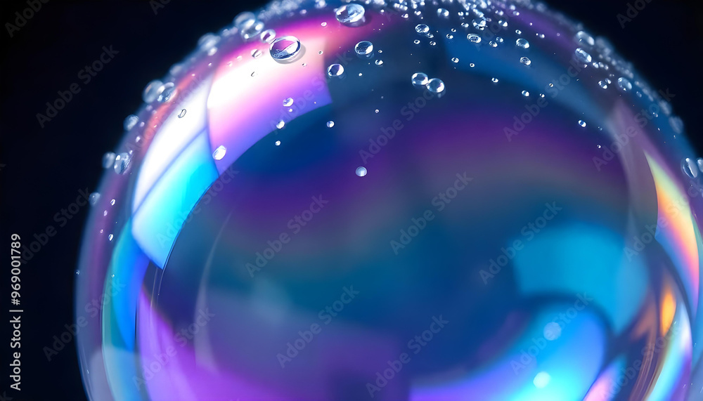 Obraz premium Close-up of a Transparent Sphere with Water Droplets and Iridescent Colors