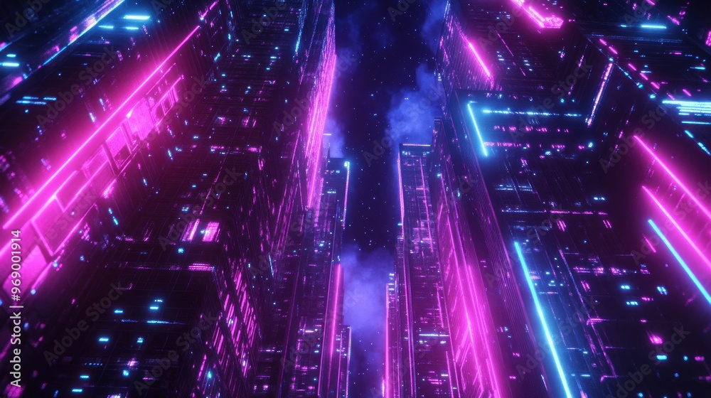 Futuristic Cityscape with Neon Lights and Starry Sky Futuristic Cityscape with Neon Lights and Starry Sky