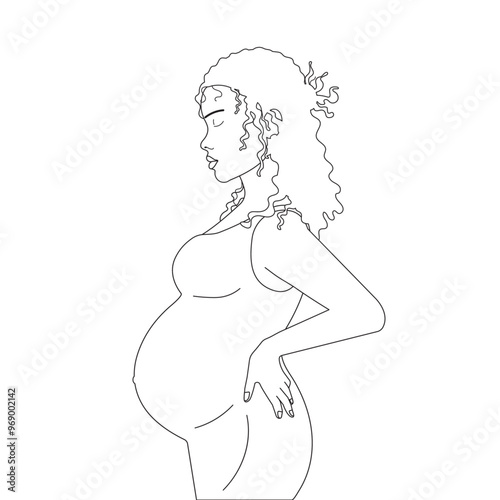 Beautiful outline pregnant woman, long curly hair, dress on white background for posters, banners, icons, webs