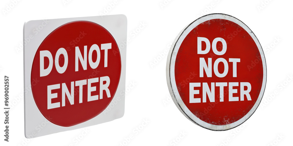 Two 'Do Not Enter' signs with distinct shapes, one square and one round, isolated on a white background, indicating restricted access. Two 'Do Not Enter' signs with distinct shapes, one square and one round, isolated on a white background, indicating restricted access.