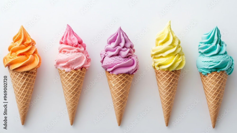 Five colorful ice cream cones in a Five colorful ice cream cones in a