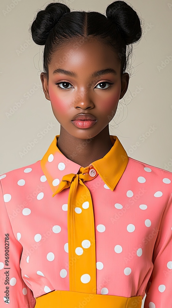 Young African Girl with Space Buns Hairstyle in Polka Dot Retro Fashion Young African Girl with Space Buns Hairstyle in Polka Dot Retro Fashion
