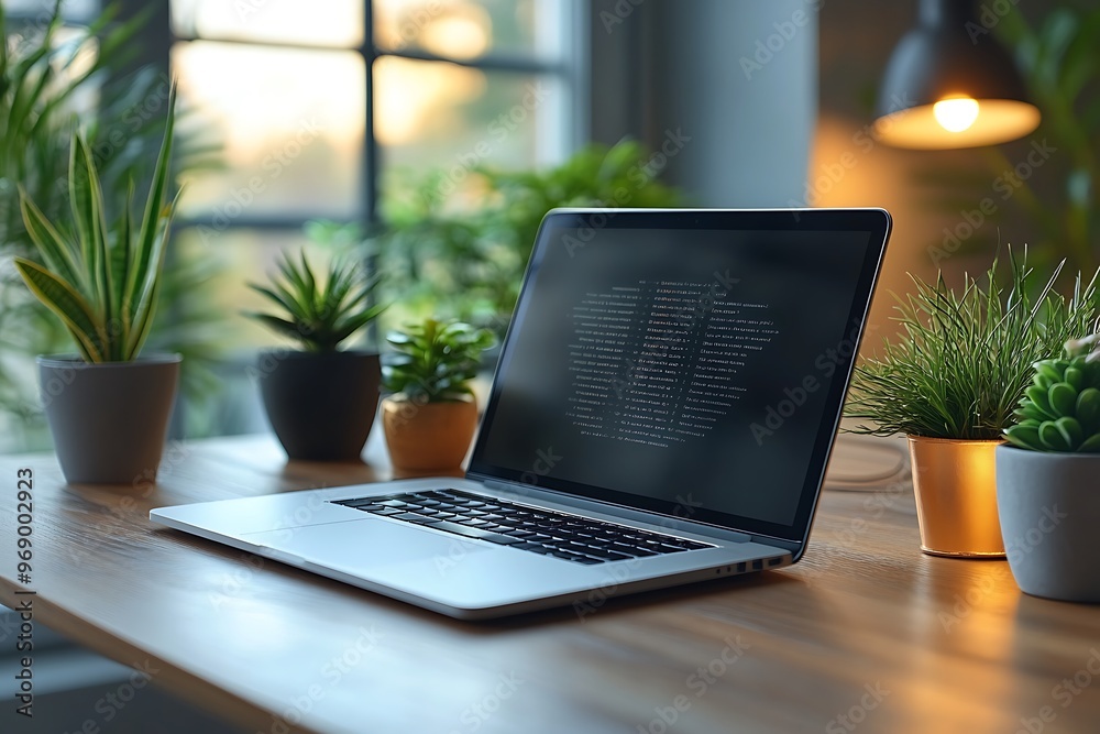 A laptop rests on a desk bathed in natural light, embodying a productive and inspiring workspace. A laptop rests on a desk bathed in natural light, embodying a productive and inspiring workspace.
