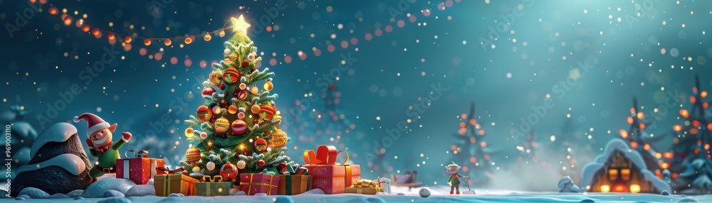 A Christmas tree with elves and a house in the background A Christmas tree with elves and a house in the background