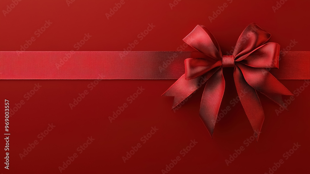 A bright red background with a glossy, textured red present ribbon running across it, tied into a neat bow A bright red background with a glossy, textured red present ribbon running across it, tied into a neat bow