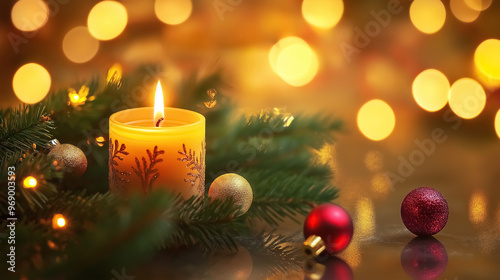 A Christmas candle burning gently beside a fir tree branch with festive decorations 