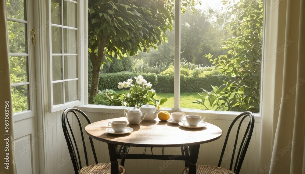 A charming breakfast nook with a round wooden table set for tea, nestled by a large open window revealing a lush garden. Sunlight streams through, creating a warm and inviting atmosphere perfect for a A charming breakfast nook with a round wooden table set for tea, nestled by a large open window revealing a lush garden. Sunlight streams through, creating a warm and inviting atmosphere perfect for a