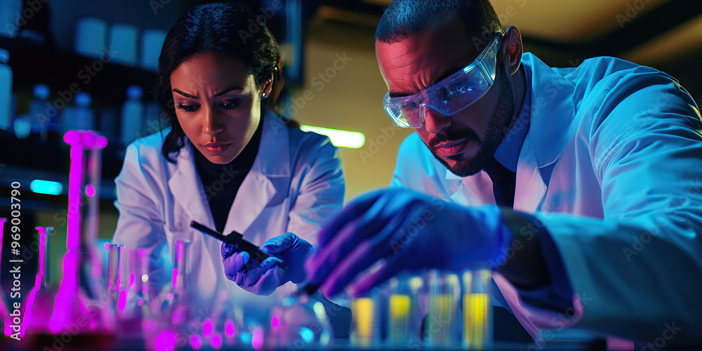 Forensic Lab's CSI Magic: Scientists analyzing evidence, uncovering clues from a crime scene using advanced technology. Forensic Lab's CSI Magic: Scientists analyzing evidence, uncovering clues from a crime scene using advanced technology.