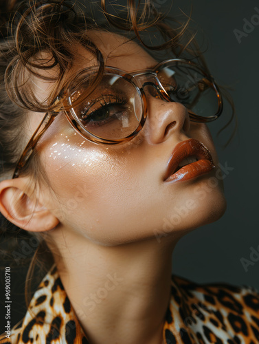 A stunning female model showcases glamorous look with oversized glasses, shimmering makeup, and stylish hair. leopard print outfit adds bold touch to her captivating expression