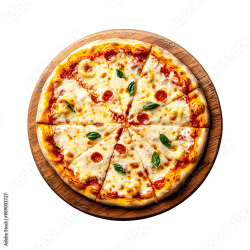 Classic Cheese Pizza on a Wooden Plate Isolated on a Transparent Background  Perfect for Creating Eye-Catching Product Banners and Design Posts photo