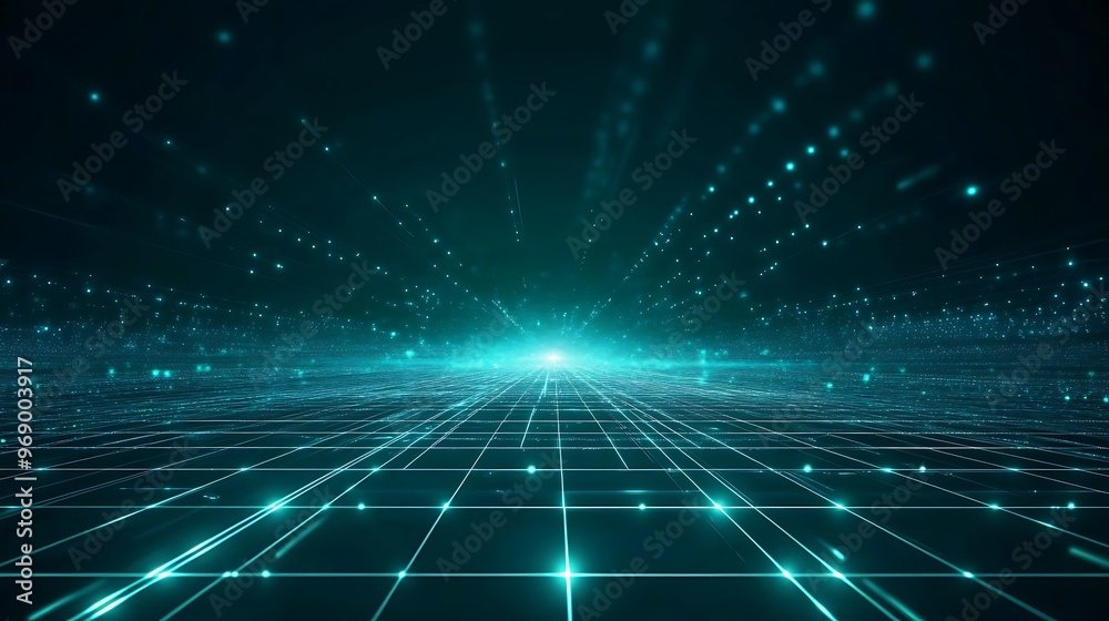 A vibrant, digital grid landscape with glowing particles and light rays, creating an immersive futuristic atmosphere. A vibrant, digital grid landscape with glowing particles and light rays, creating an immersive futuristic atmosphere.