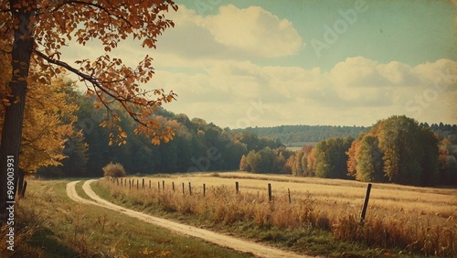 Vintage postcard. Autumn landscape retro illustration with a road in a field