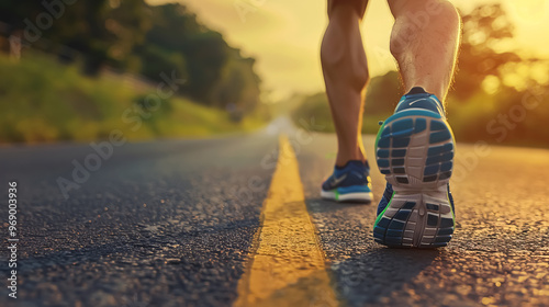 Close-up of a runner�s feet on the road. photo