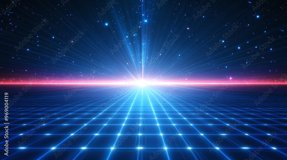 Obraz premium A vibrant futuristic landscape featuring glowing lines and a radiant light source against a starry night sky.