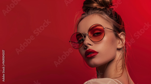 Stylish female model with bold red lips and round sunglasses against vibrant red background, exuding confidence and modern fashion