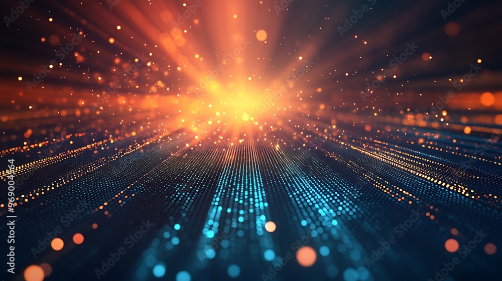 Obraz premium A vibrant scene of light rays and particles creating a dynamic digital background, perfect for technology themes.