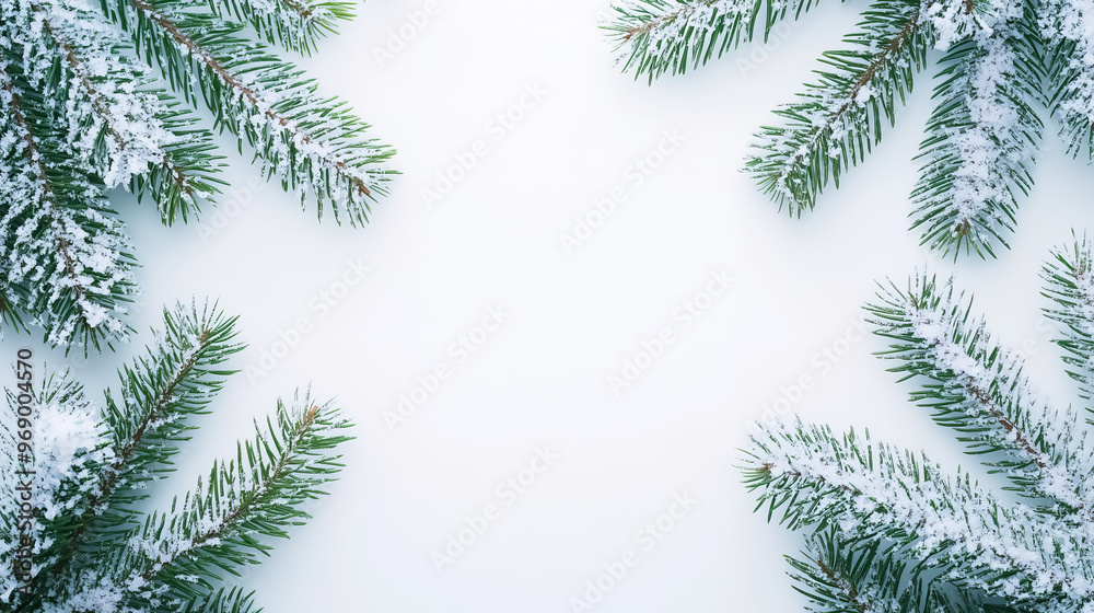A snowy Christmas scene with evergreen fir tree branches sprinkled with light snow, laid out on a bright white background A snowy Christmas scene with evergreen fir tree branches sprinkled with light snow, laid out on a bright white background