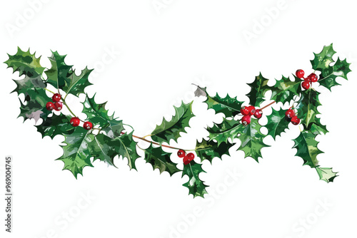 Christmas Holly Garland Clipart Isolated on White Background