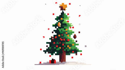 Christmas Pixel Tree Flat Vector Isolated on White Background