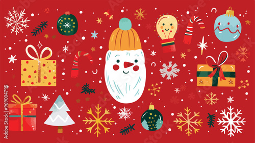 Christmas Red Background with Xmas Gift and Cute Icon
