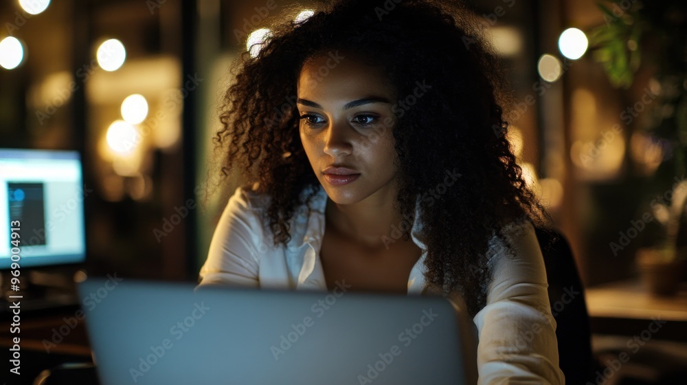 Woman with curly hair working on laptop at night Woman with curly hair working on laptop at night