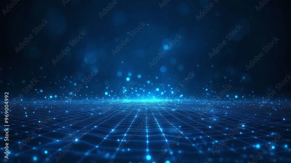 Abstract blue digital background with glowing particles and grid pattern, ideal for technology and sci-fi themes.