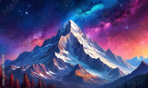 colorful stars in the mountains, colorful sky on background of a beautiful mountain