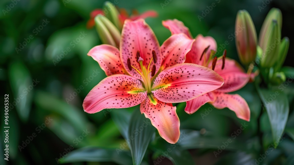 A vibrant pink lily blooms amidst lush green foliage, showcasing its intricate petals and delicate spots. A vibrant pink lily blooms amidst lush green foliage, showcasing its intricate petals and delicate spots.