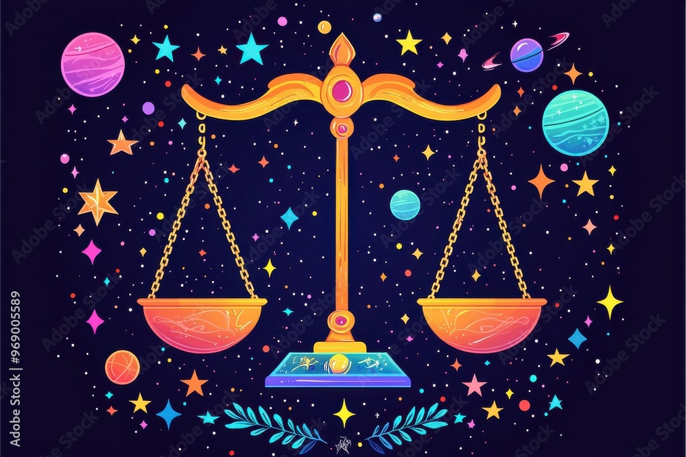 Colorful astrological scales symbol with planets and stars in night sky background Colorful astrological scales symbol with planets and stars in night sky background