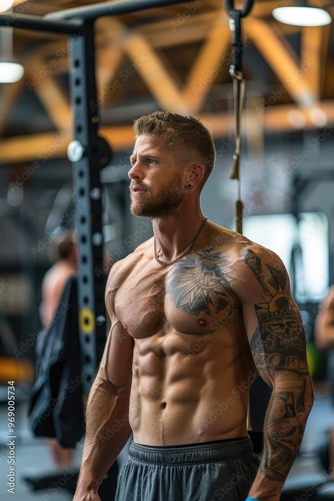 Muscular Man Working Out in Gym with Tattoos and Well-defined Abs Muscular Man Working Out in Gym with Tattoos and Well-defined Abs